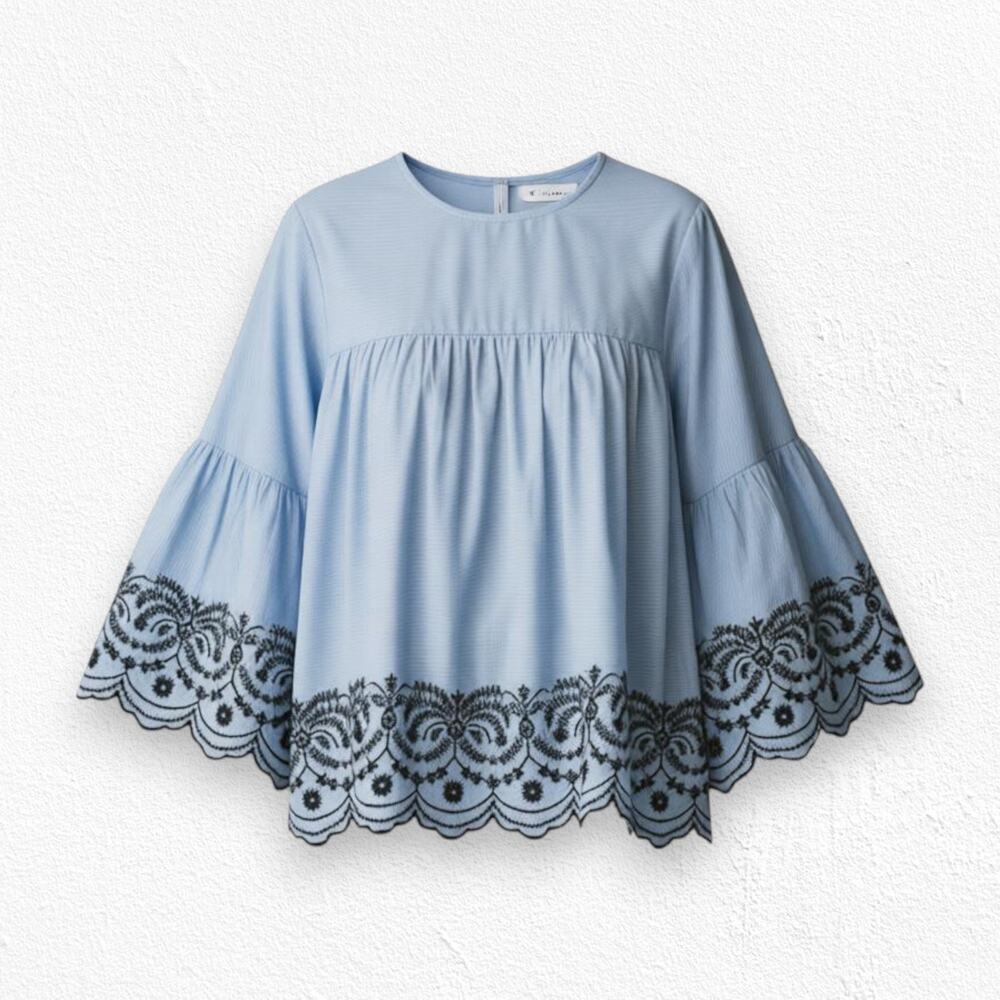 Zara Basic Blue Black Striped Embroidered Bell Sl… - image 1